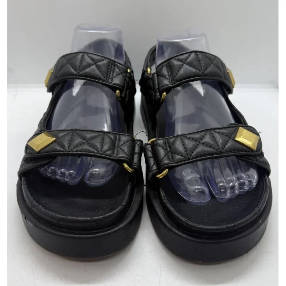 MNG Mango Sandals Womens EU38 US7 Black Padded Studs Chunky Quilted Double Strap